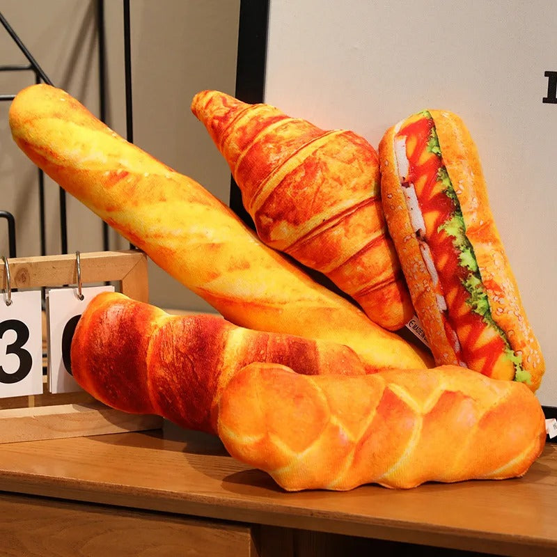 Bread Plush Pillow – Baguette, Croissant & Hotdog Styles