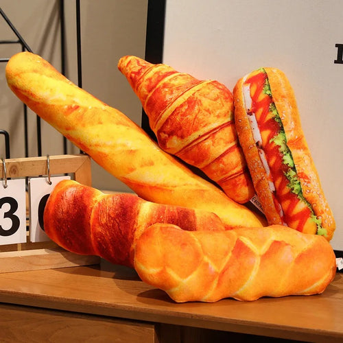 Bread Plush Pillow – Baguette, Croissant & Hotdog Styles