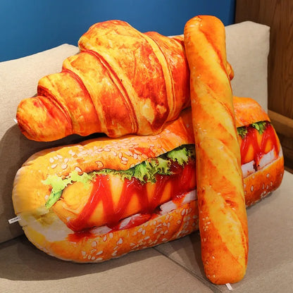 Bread Plush Pillow – Baguette, Croissant & Hotdog Styles