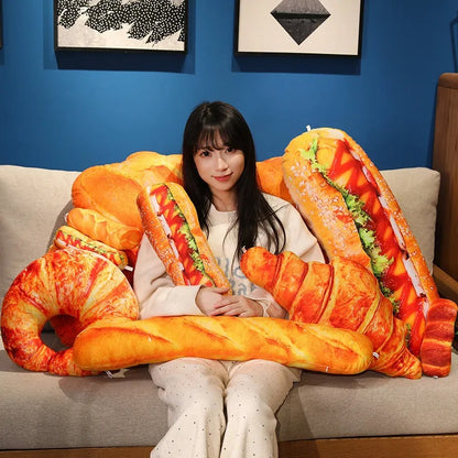 Bread Plush Pillow – Baguette, Croissant & Hotdog Styles