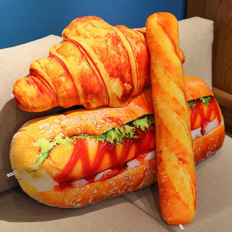 Bread Plush Pillow – Baguette, Croissant & Hotdog Styles