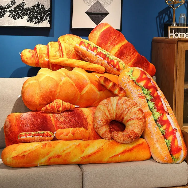 Bread Plush Pillow – Baguette, Croissant & Hotdog Styles
