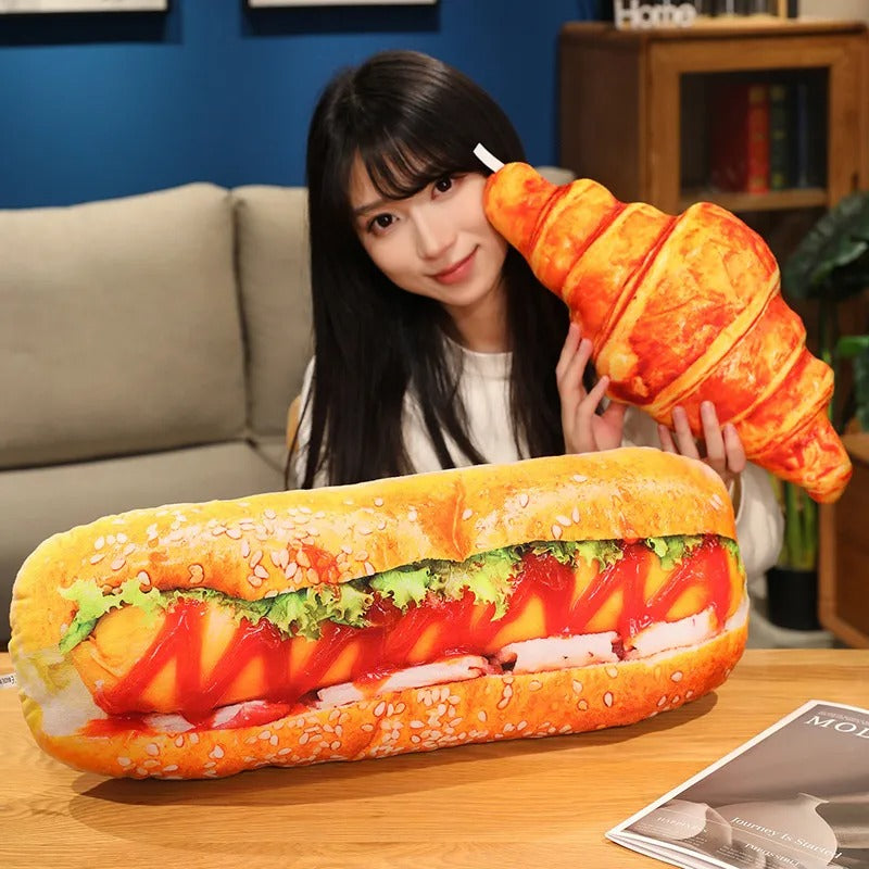 Bread Plush Pillow – Baguette, Croissant & Hotdog Styles